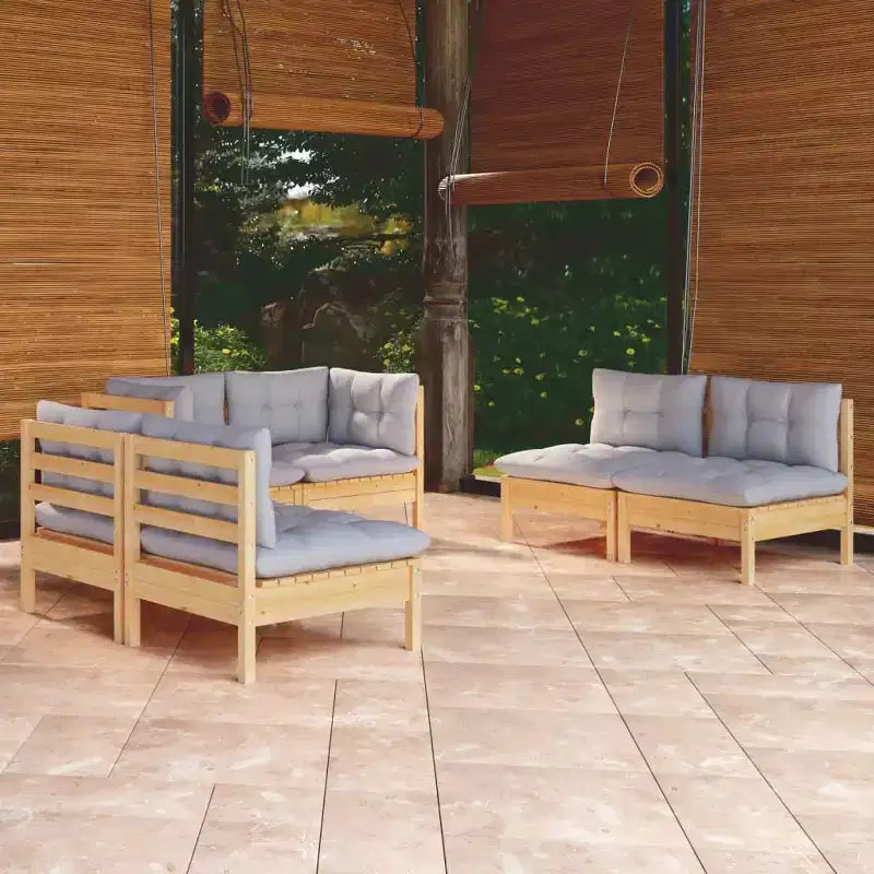 vidaXL Salon de jardin 6 pièces en pin massif avec coussins - Marron et gris