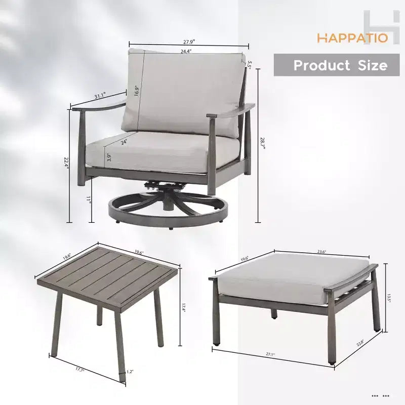 HAPPATIO Ensemble de Meubles d'Extérieur en Aluminium, Ensemble de Meubles de Patio 5 Pièces, 1 Table d'Appoint, 2 Chaises Pivotantes et Ottomans avec Coussins pour Jardin, Terrasse, Bord de Piscine