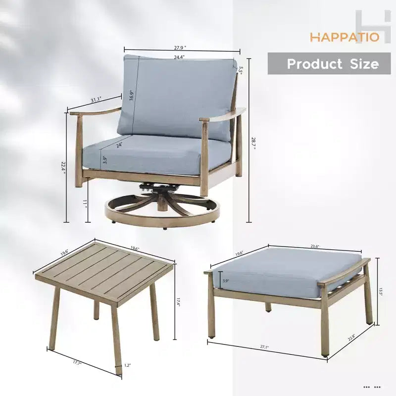 HAPPATIO Ensemble de Meubles d'Extérieur en Aluminium, Ensemble de Meubles de Patio 5 Pièces, 1 Table d'Appoint, 2 Chaises Pivotantes et Ottomans avec Coussins pour Jardin, Terrasse, Bord de Piscine