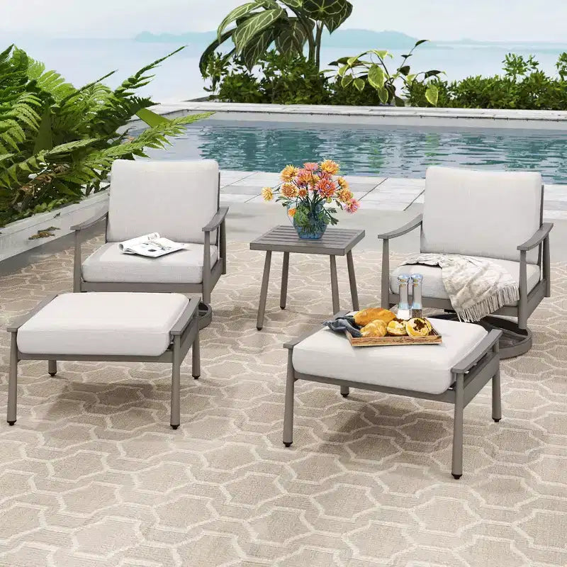 HAPPATIO Ensemble de Meubles d'Extérieur en Aluminium, Ensemble de Meubles de Patio 5 Pièces, 1 Table d'Appoint, 2 Chaises Pivotantes et Ottomans avec Coussins pour Jardin, Terrasse, Bord de Piscine