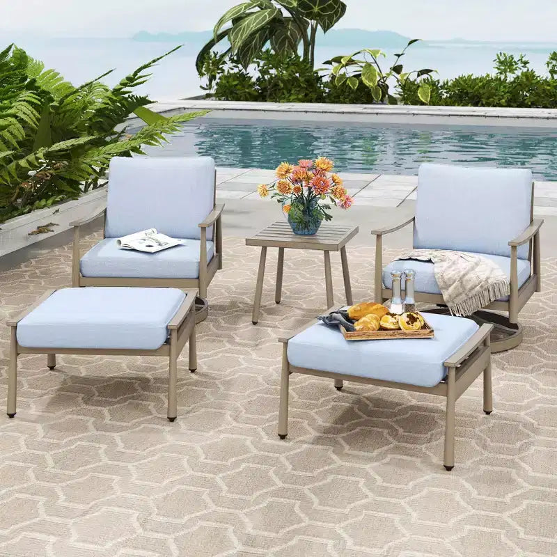 HAPPATIO Ensemble de Meubles d'Extérieur en Aluminium, Ensemble de Meubles de Patio 5 Pièces, 1 Table d'Appoint, 2 Chaises Pivotantes et Ottomans avec Coussins pour Jardin, Terrasse, Bord de Piscine