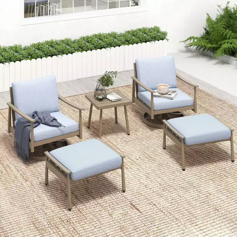 HAPPATIO Aluminum Outdoor Furniture Set,5 Pieces Patio Furniture Set, 1 Side Table, 2 Swivel Chairs and Ottomans with Cushion for Yard Deck Poolside