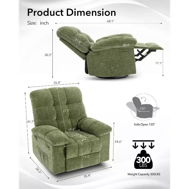 Oversized 360 Swivel Rocker Recliner Chair, Weight Capacity 300LBS Extra Wide Manual Recliners, Chenille Single Lazy Sofa Chair