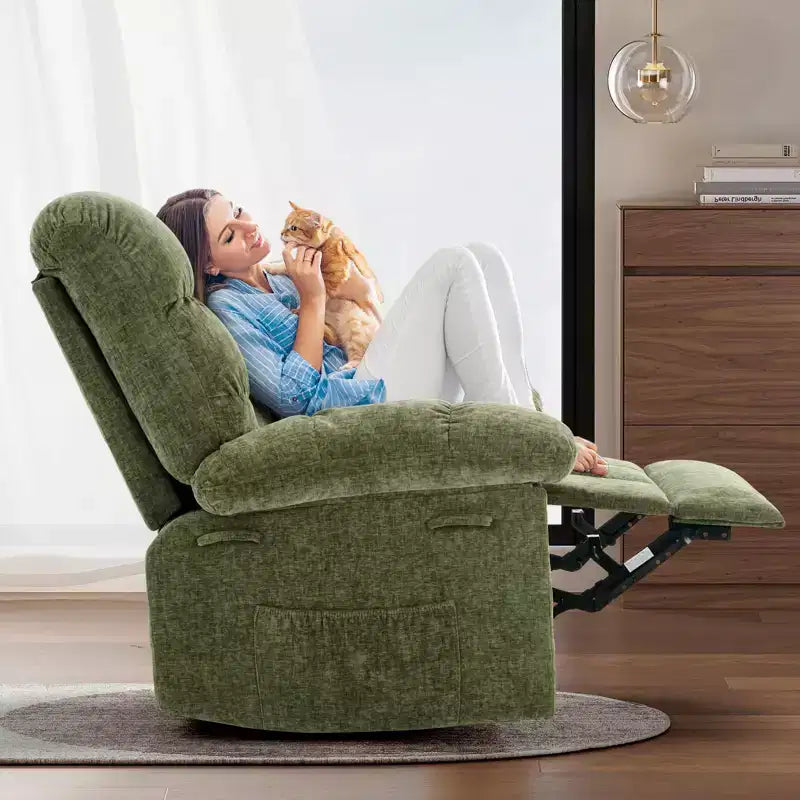 Oversized 360 Swivel Rocker Recliner Chair, Weight Capacity 300LBS Extra Wide Manual Recliners, Chenille Single Lazy Sofa Chair