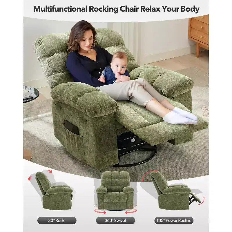 Oversized 360 Swivel Rocker Recliner Chair, Weight Capacity 300LBS Extra Wide Manual Recliners, Chenille Single Lazy Sofa Chair