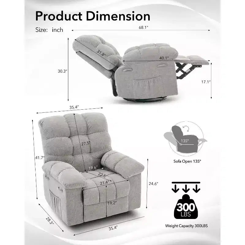 Oversized 360 Swivel Rocker Recliner Chair, Weight Capacity 300LBS Extra Wide Manual Recliners, Chenille Single Lazy Sofa Chair