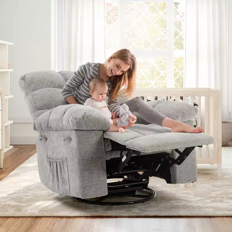 Oversized 360 Swivel Rocker Recliner Chair, Weight Capacity 300LBS Extra Wide Manual Recliners, Chenille Single Lazy Sofa Chair