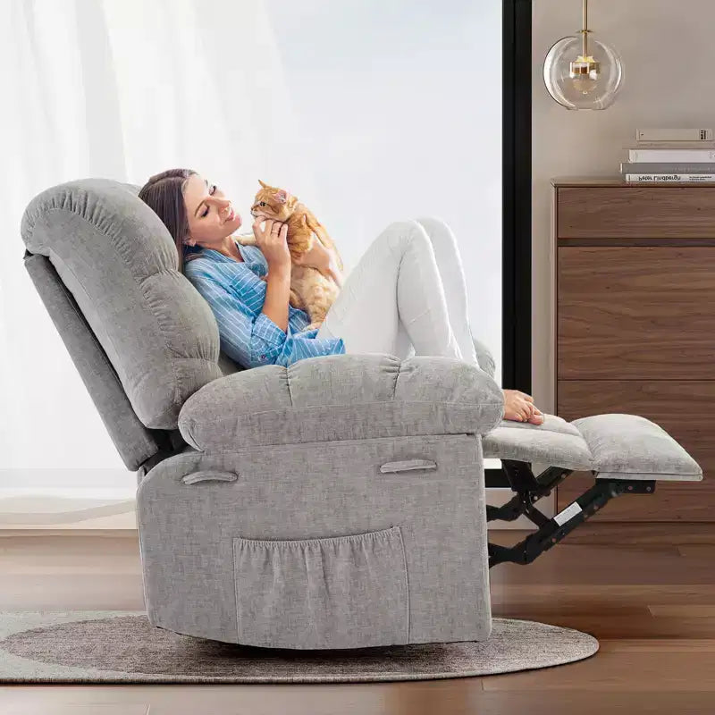 Oversized 360 Swivel Rocker Recliner Chair, Weight Capacity 300LBS Extra Wide Manual Recliners, Chenille Single Lazy Sofa Chair