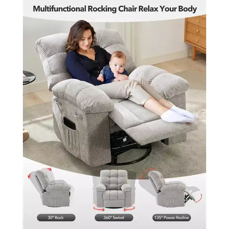 Oversized 360 Swivel Rocker Recliner Chair, Weight Capacity 300LBS Extra Wide Manual Recliners, Chenille Single Lazy Sofa Chair