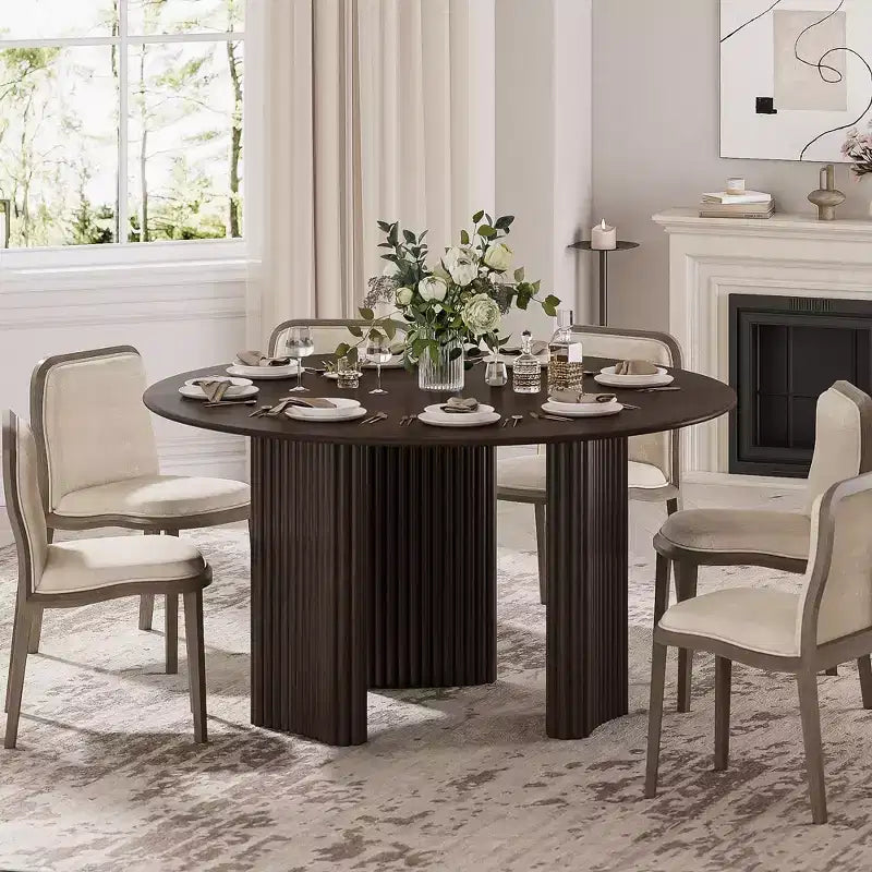 Table à manger ronde moderne de 52 po avec piètement colonne rayé, en bois massif, patins anti-rayures