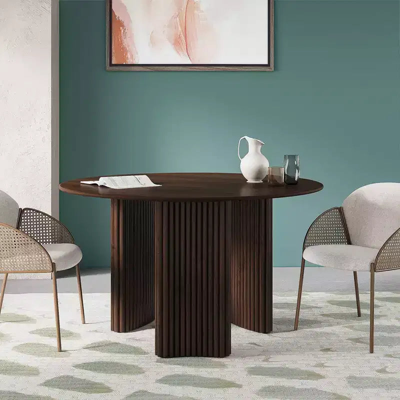 Table à manger ronde moderne de 52 po avec piètement colonne rayé, en bois massif, patins anti-rayures