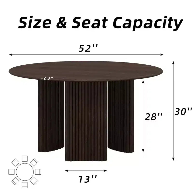 Table à manger ronde moderne de 52 po avec piètement colonne rayé, en bois massif, patins anti-rayures