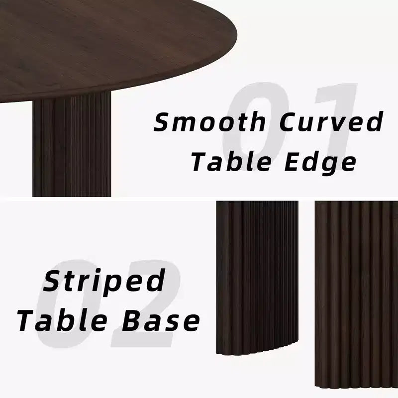 Table à manger ronde moderne de 52 po avec piètement colonne rayé, en bois massif, patins anti-rayures