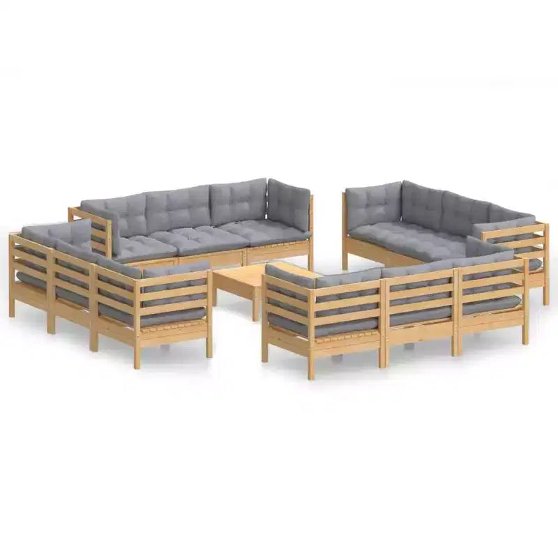 vidaXL Solid Pinewood Patio Lounge Set 13 Piece with Gray Cushions - Brown and Gray