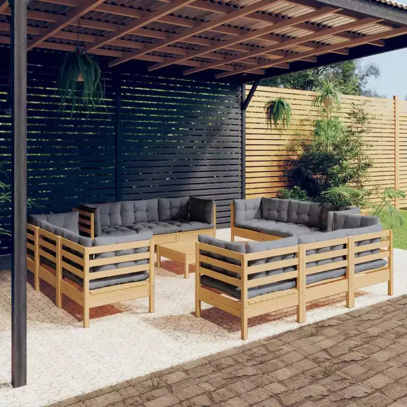 vidaXL Ensemble de salon de jardin 13 pièces en pin massif avec coussins gris - Marron et gris