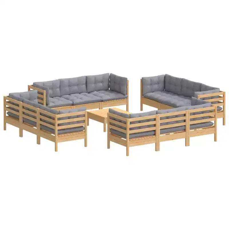 vidaXL Ensemble de salon de jardin 13 pièces en pin massif avec coussins gris - Marron et gris