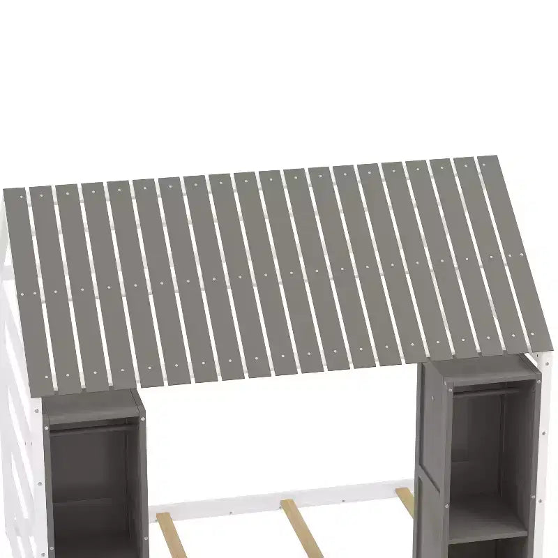 Lit de sol Montessori une place avec barrière de sécurité pour enfants, cadre de lit cabane en bois avec toit et étagères de rangement