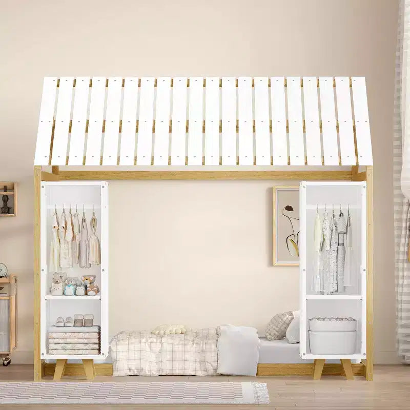 Lit de sol Montessori une place avec barrière de sécurité pour enfants, cadre de lit cabane en bois avec toit et étagères de rangement