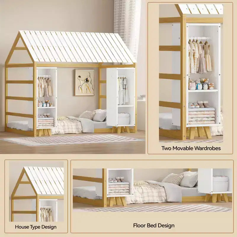 Lit de sol Montessori une place avec barrière de sécurité pour enfants, cadre de lit cabane en bois avec toit et étagères de rangement