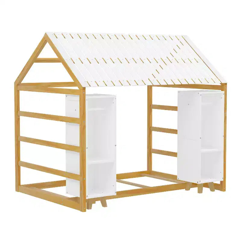 Lit de sol Montessori une place avec barrière de sécurité pour enfants, cadre de lit cabane en bois avec toit et étagères de rangement