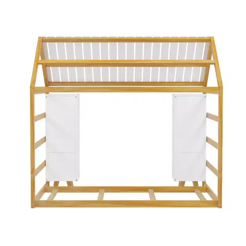 Lit de sol Montessori une place avec barrière de sécurité pour enfants, cadre de lit cabane en bois avec toit et étagères de rangement