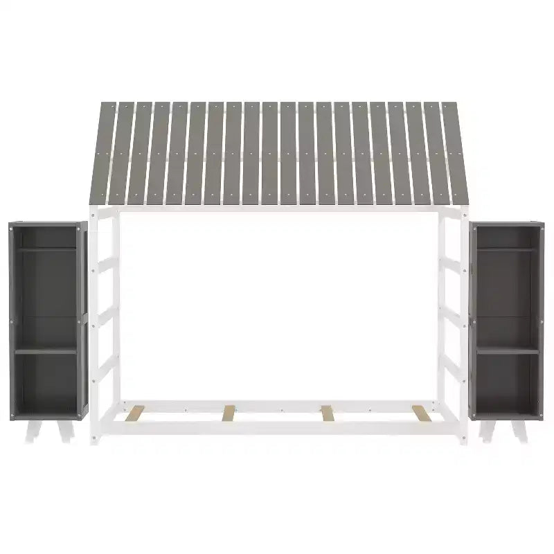 Lit de sol Montessori une place avec barrière de sécurité pour enfants, cadre de lit cabane en bois avec toit et étagères de rangement
