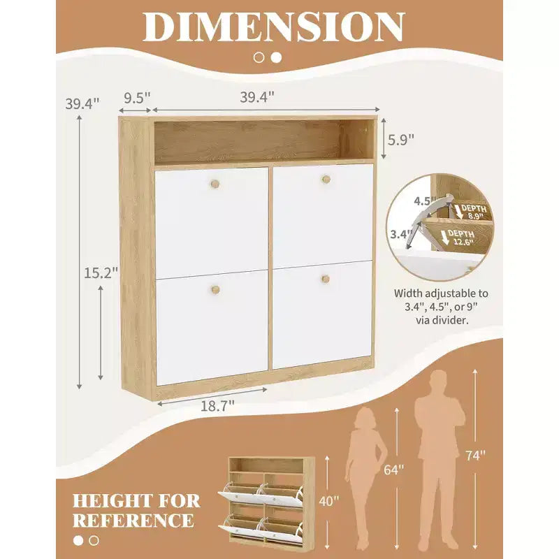 Meuble à chaussures avec 4 tiroirs basculants, Organisateur de chaussures autonome avec étagère ouverte, Armoire à chaussures pour entrée, salon, appartement