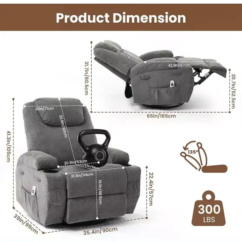 Fauteuil inclinable, fauteuil inclinable à bascule pivotant à 360° pour adultes, pour salon, chambre, maison