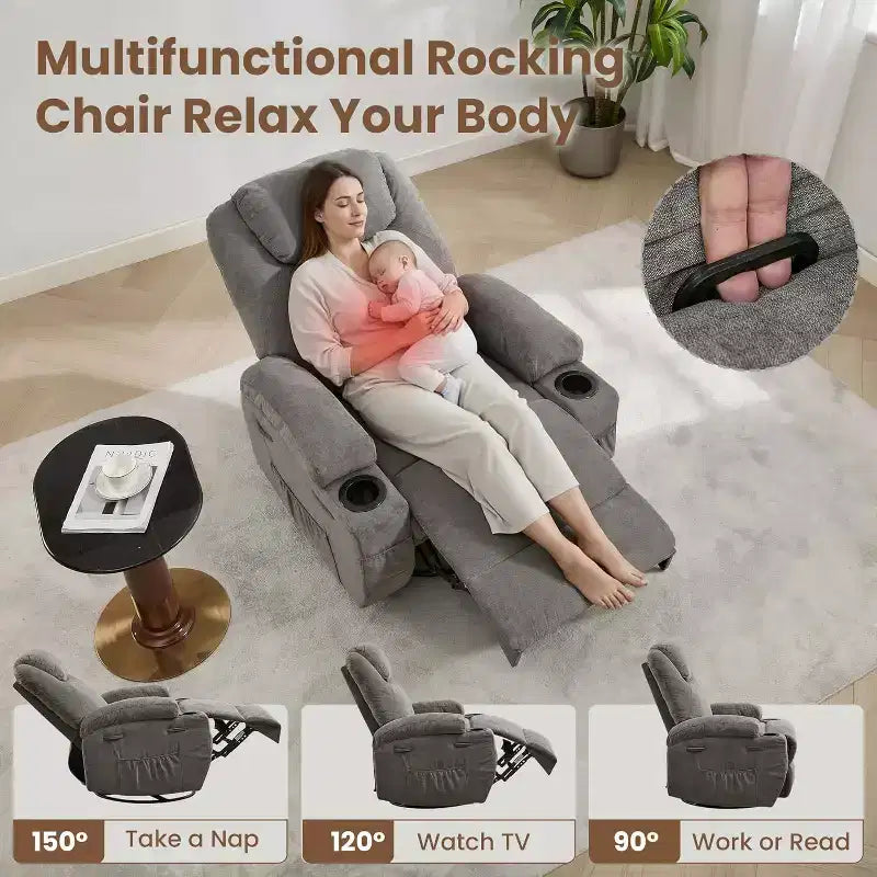 Fauteuil inclinable, fauteuil inclinable à bascule pivotant à 360° pour adultes, pour salon, chambre, maison