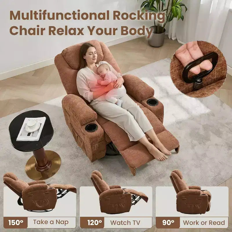 Fauteuil inclinable, fauteuil inclinable à bascule pivotant à 360° pour adultes, pour salon, chambre, maison