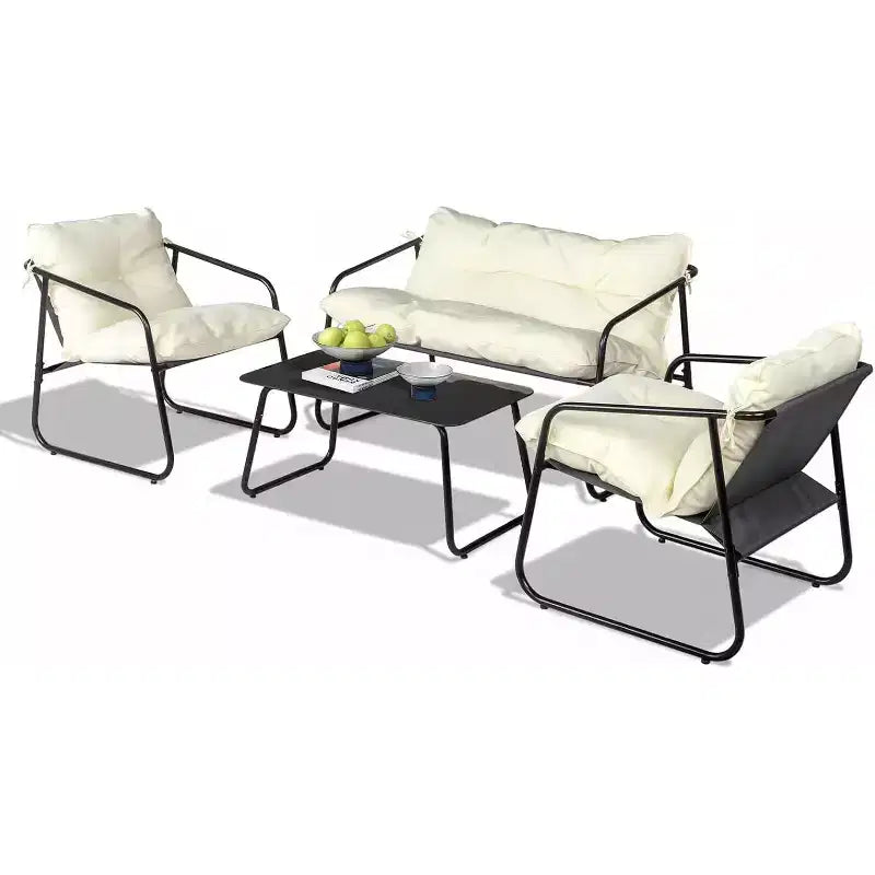 VINGLI 4 Piece Patio Conversation Set, Outdoor Furniture Set with Glass Coffee Table & Comfortable Cushion, White