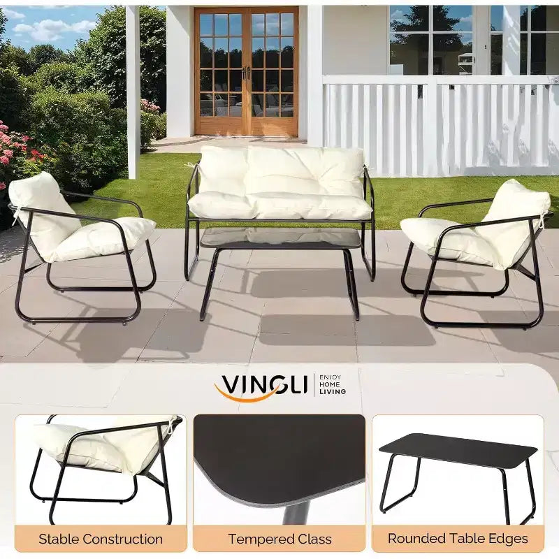 VINGLI Ensemble de conversation de patio 4 pièces, mobilier d'extérieur avec table basse en verre et coussin confortable, blanc