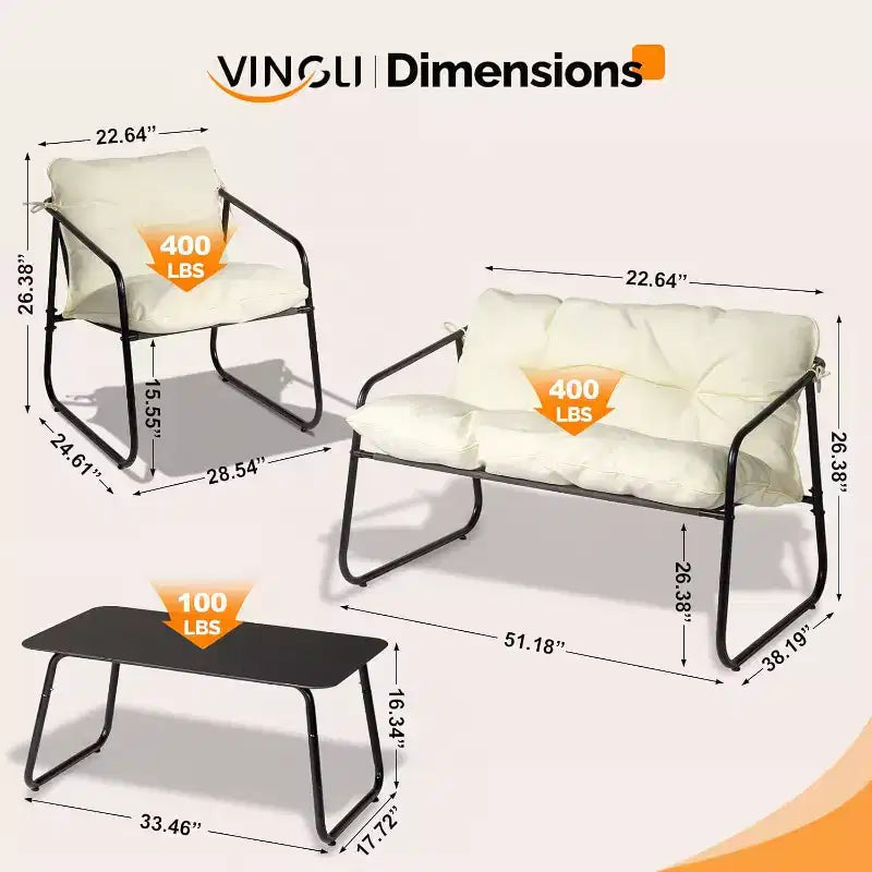 VINGLI Ensemble de conversation de patio 4 pièces, mobilier d'extérieur avec table basse en verre et coussin confortable, blanc