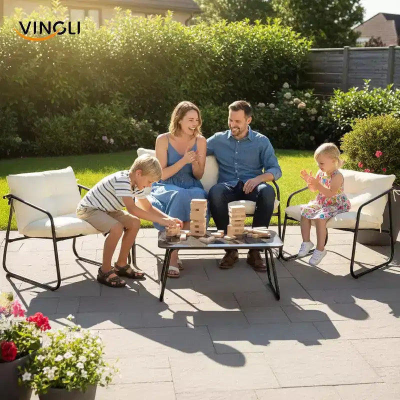 VINGLI Ensemble de conversation de patio 4 pièces, mobilier d'extérieur avec table basse en verre et coussin confortable, blanc