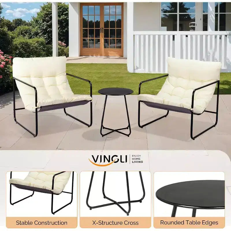 VINGLI Ensemble de 3 Chaises de Patio avec Table d'appoint, Chaises d'extérieur/d'intérieur avec Coussins Épais, Capacité Robuste de 180 kg, Blanc
