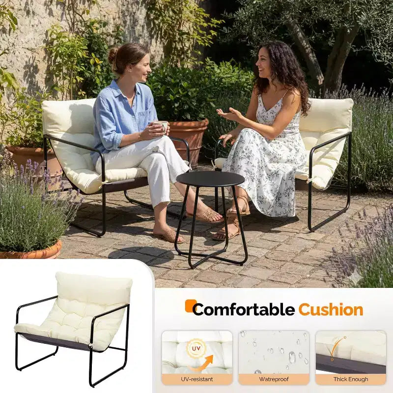 VINGLI Ensemble de 3 Chaises de Patio avec Table d'appoint, Chaises d'extérieur/d'intérieur avec Coussins Épais, Capacité Robuste de 180 kg, Blanc