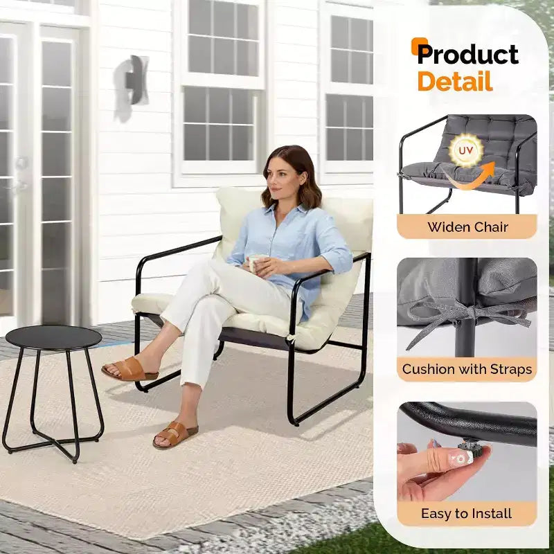 VINGLI Ensemble de 3 Chaises de Patio avec Table d'appoint, Chaises d'extérieur/d'intérieur avec Coussins Épais, Capacité Robuste de 180 kg, Blanc