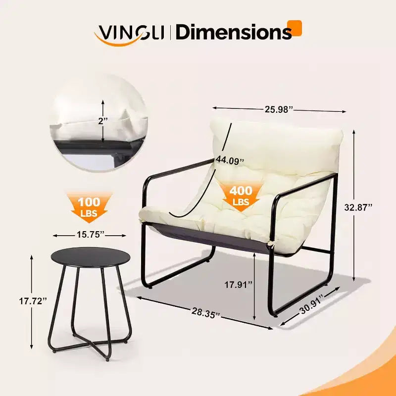 VINGLI Ensemble de 3 Chaises de Patio avec Table d'appoint, Chaises d'extérieur/d'intérieur avec Coussins Épais, Capacité Robuste de 180 kg, Blanc