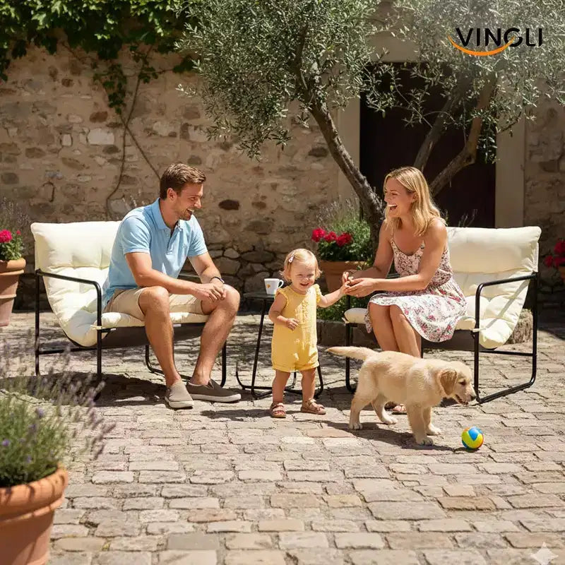 VINGLI Ensemble de 3 Chaises de Patio avec Table d'appoint, Chaises d'extérieur/d'intérieur avec Coussins Épais, Capacité Robuste de 180 kg, Blanc