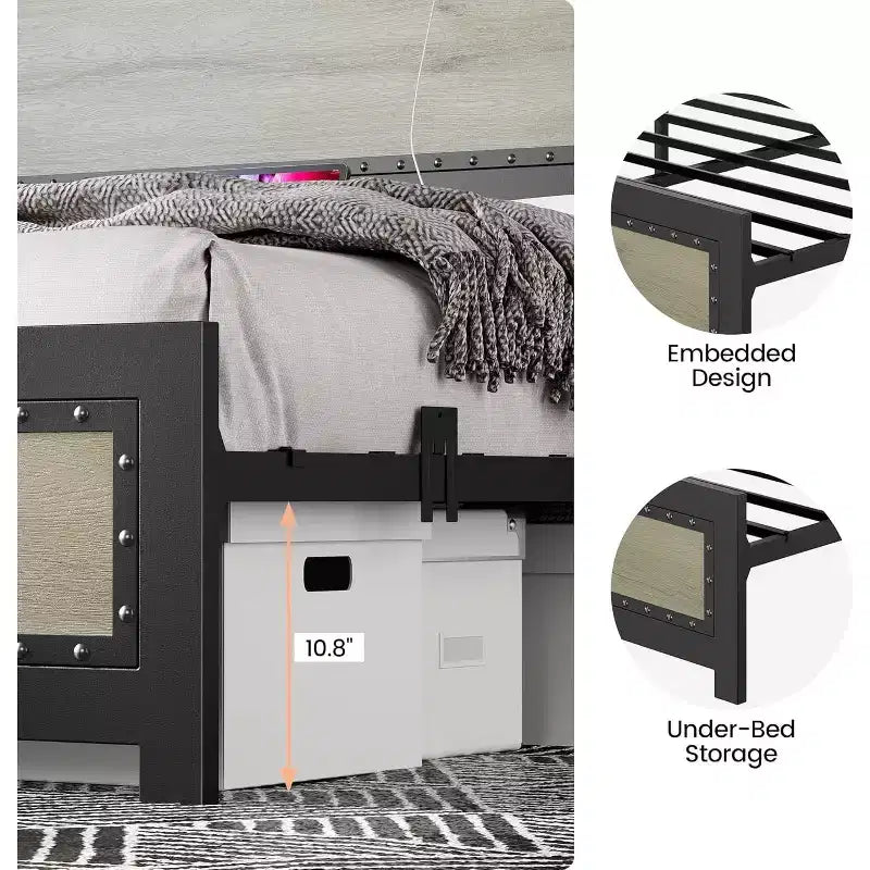 Cadre de lit plateforme avec tête de lit élégante et stylée, rangement sous le lit, aucun sommier tapissier requis, montage facile, support robuste, gris
