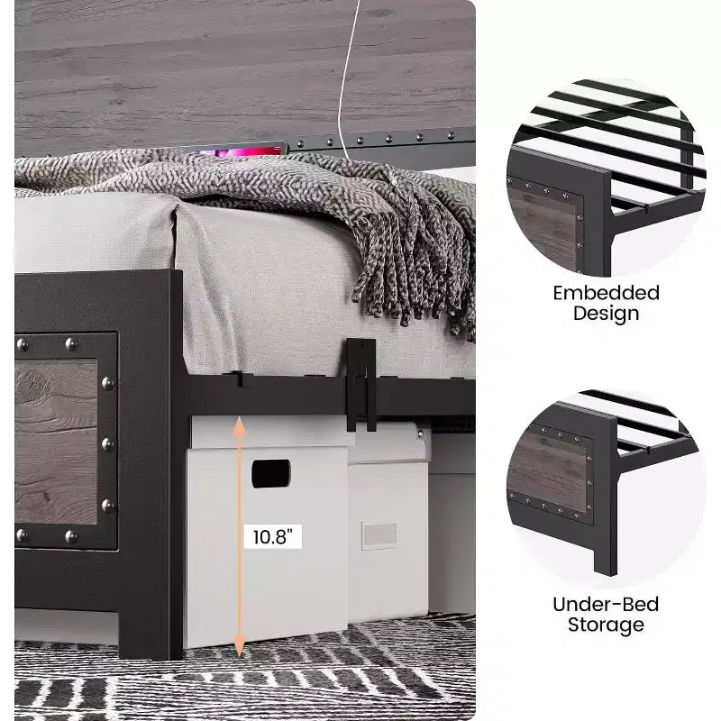 Cadre de lit plateforme avec tête de lit élégante et stylée, rangement sous le lit, aucun sommier tapissier requis, montage facile, support robuste, gris