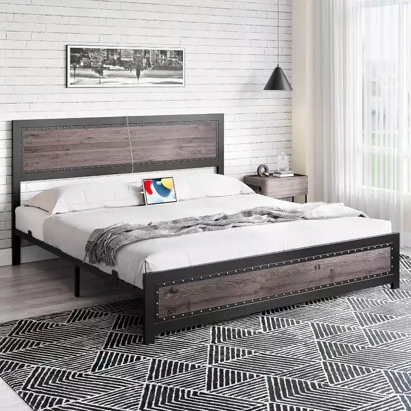 Cadre de lit plateforme avec tête de lit élégante et stylée, rangement sous le lit, aucun sommier tapissier requis, montage facile, support robuste, gris
