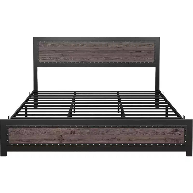 Cadre de lit plateforme avec tête de lit élégante et stylée, rangement sous le lit, aucun sommier tapissier requis, montage facile, support robuste, gris