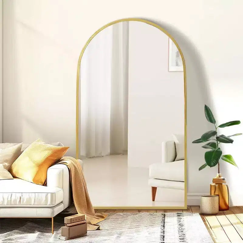 Miroir pleine longueur de 67 pouces, miroir de sol à cadre arqué en alliage d'aluminium avec support, doré