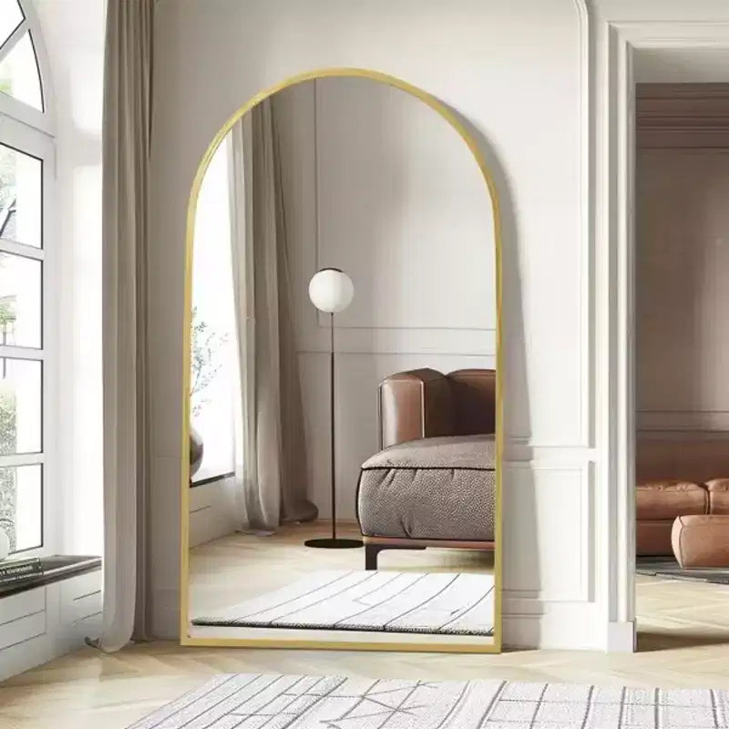 Miroir pleine longueur de 67 pouces, miroir de sol à cadre arqué en alliage d'aluminium avec support, doré