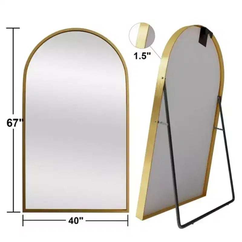 Miroir pleine longueur de 67 pouces, miroir de sol à cadre arqué en alliage d'aluminium avec support, doré