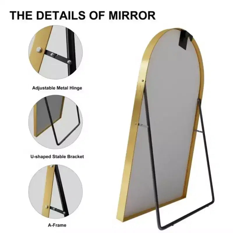 Miroir pleine longueur de 67 pouces, miroir de sol à cadre arqué en alliage d'aluminium avec support, doré