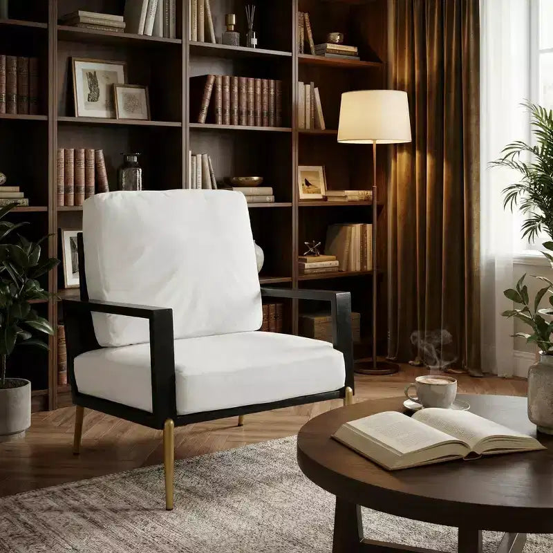 Homy Casa Modern Accent Chair with Cushioned Seat and Metal Legs, Black Frame & White Upholstery