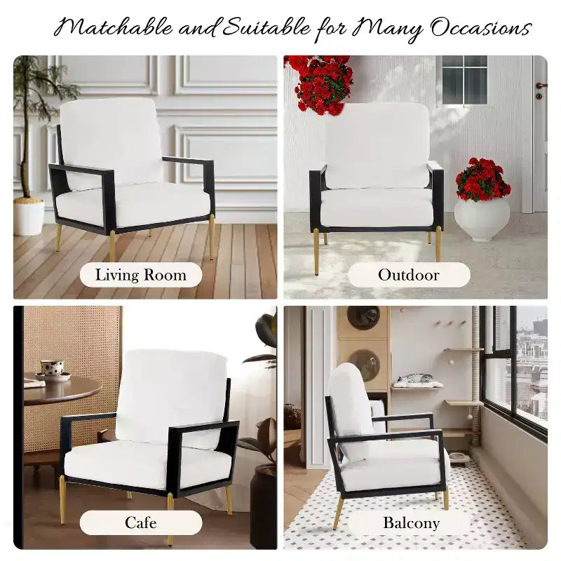 Homy Casa Fauteuil d'appoint moderne avec assise rembourrée et pieds en métal, cadre noir et revêtement blanc