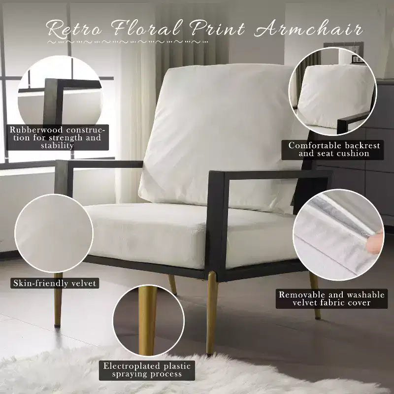 Homy Casa Fauteuil d'appoint moderne avec assise rembourrée et pieds en métal, cadre noir et revêtement blanc